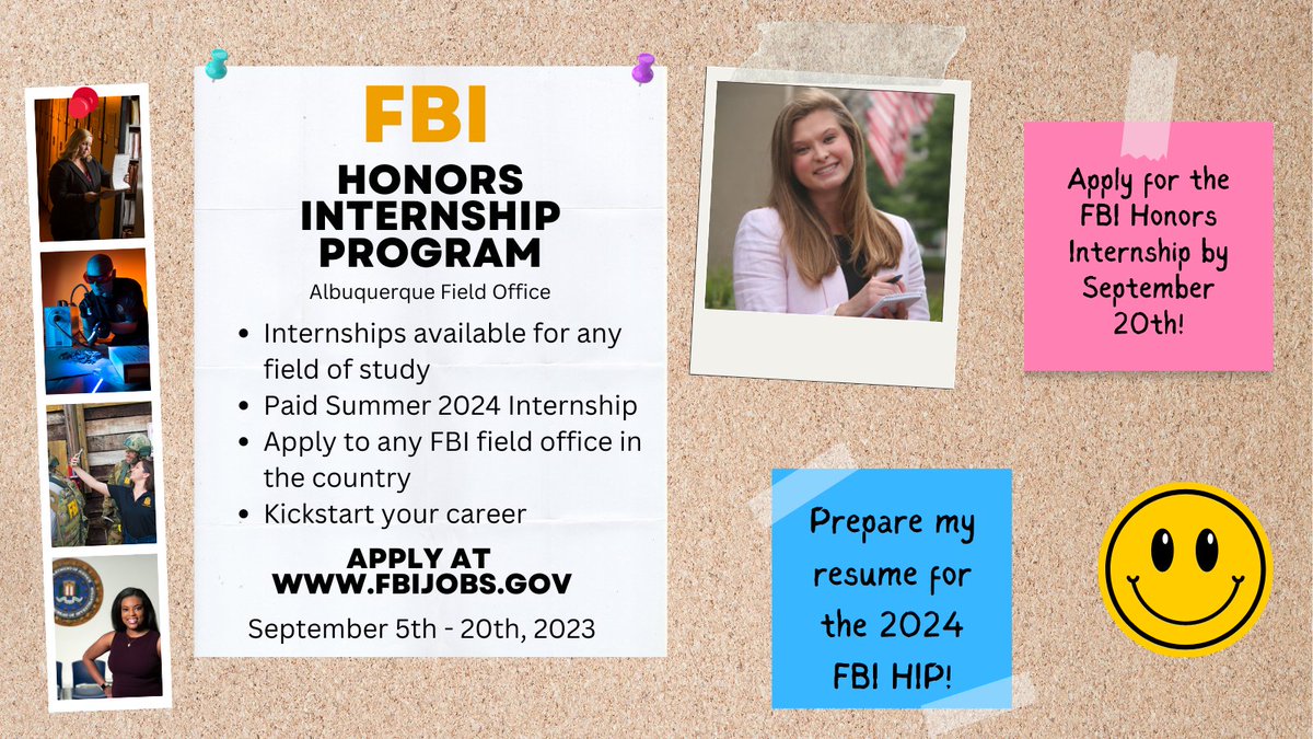 FBIAlbuquerque's tweet photo. Calling all #college students! The application for the FBI Honors Internship Program was posted today. Visit https://t.co/ZJEMIjpB68  to apply. The last day to apply is September 20th, at 11:59 PM EST.  #FBIinternship #FBI #internshipprogram #applynow #internshipdeadline 📚 https://t.co/8Y7GzXG1N7