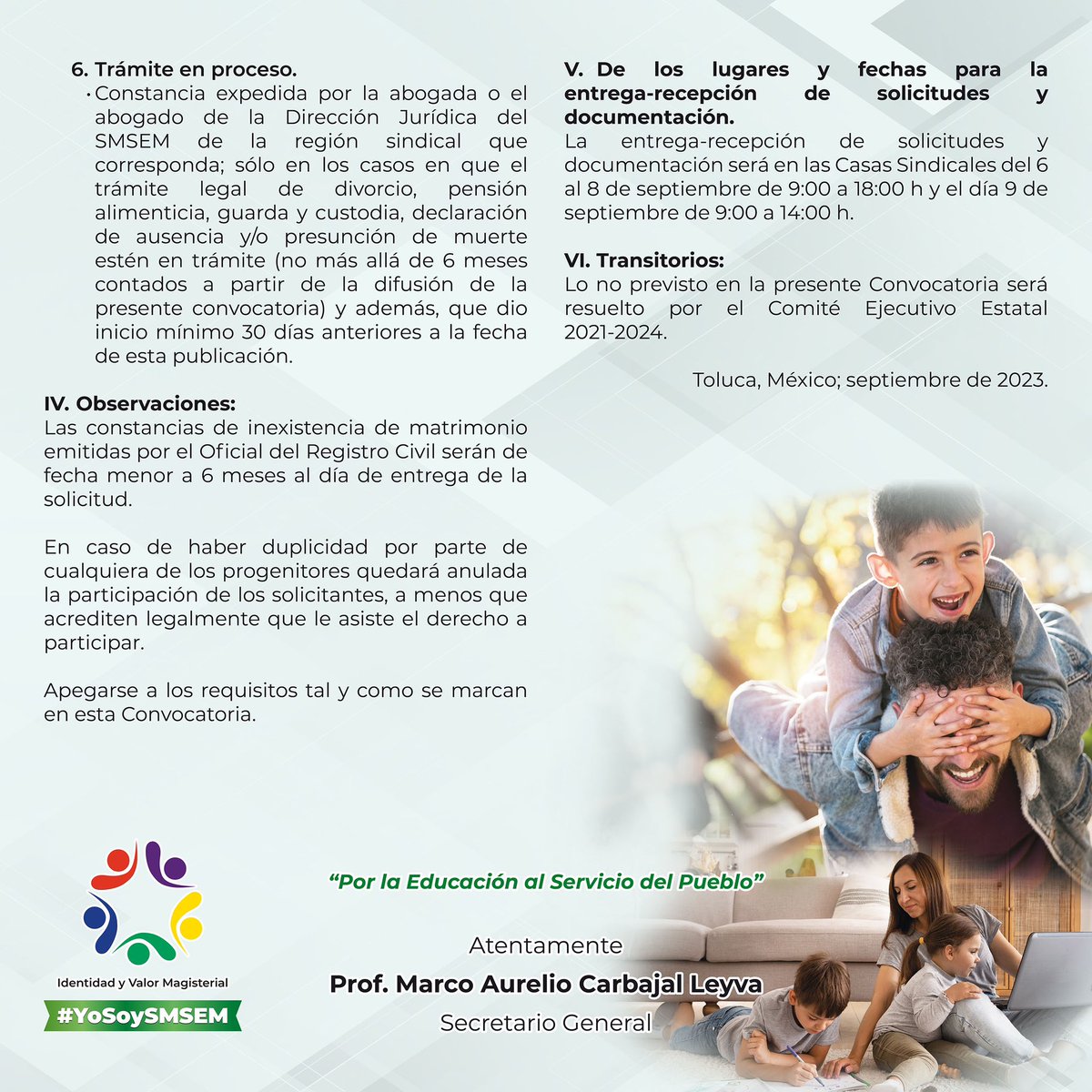 SMSEMmx's tweet photo. #ApoyoalBienestarFamiliar2023| En el SMSEM reconocemos a todos los compañeros docentes que son mamá y papá al mismo tiempo. Por ello, los acompañamos y respaldamos en su extraordinaria tarea a través del Programa de Apoyo al Bienestar Familiar.

Compañeros docentes: pueden participar quienes cumplan con los requisitos y documentación solicitados en la Convocatoria; descarga la solicitud en: https://t.co/8sSwjhc0gD y para continuar con el trámite los esperamos del 6 al 9 de septiembre en cada una de las Casas Sindicales.