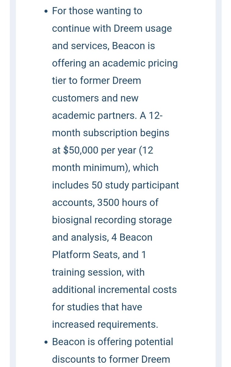 Unfortunately, for anyone now actively using dreem devices - previously free:

They are now imposing a subscription model, where they expect researchers to pay $50,000 / year, and even that comes with a 50 participant cap.

Will most likely obstruct ongoing studies
#sleeppeeps