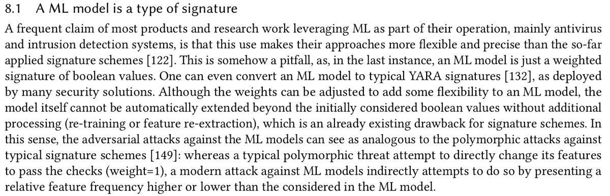 MarcusBotacin's tweet photo. The discussion between signature vs. ML detectors is misleading. ML models are a type of signature, but that generalize more. We can convert ML models to rules. Stay tuned to see a bit more on this in one of my future papers. https://t.co/lwzM3QZutn