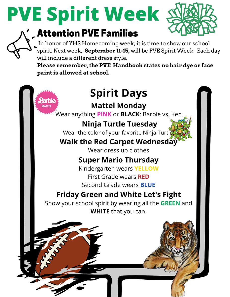 PVE_Principal's tweet photo. Next week is YHS Homecoming week and PVE will be showing our school spirit! Check out all of the details! 👇🏻 @PVEDean https://t.co/YwKM7O20kr