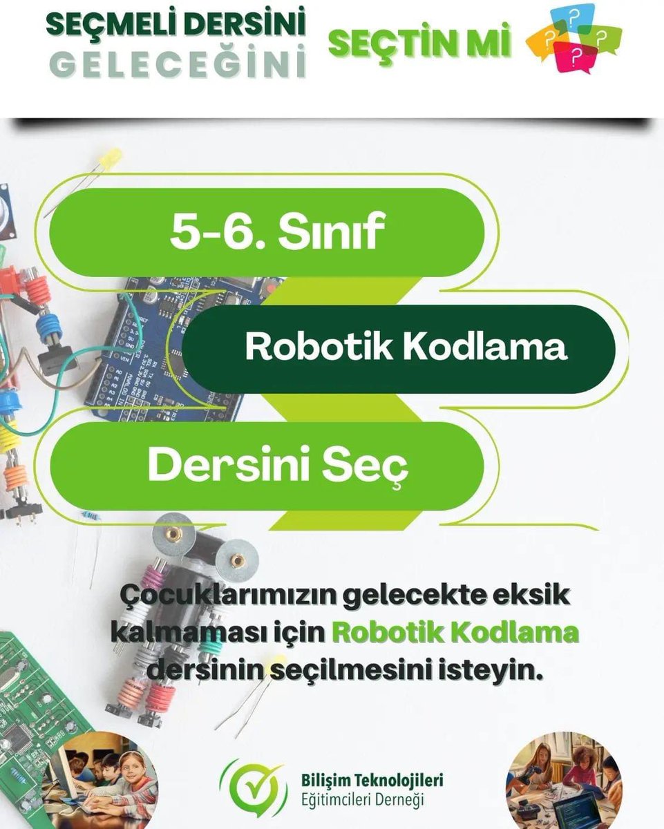 BTE DERNEĞİ:
Yeni seçmeli dersleri içeren haftalık ders çizelgeleri bu yıl uygulamaya geçiriliyor. Velilerimizi ve öğrencilerimizi bu önemli değişiklikler için bilgilendirmek gerekiyor.

5. ve 6. Sınıfta Robotik Kodlama
#RobotikKodlama 
#SeçtinMi 

@btedernegi