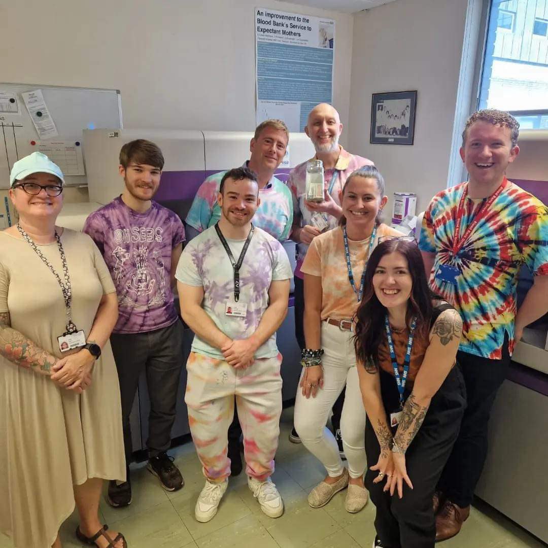 Some of our lab staff all colourful in support of Harvey’s gang. It so happens that it is organised by our own Harvey whose birthday it is today.  #harveysgang #bestbms #labheroes @Pathology_UHP @UHP_NHS