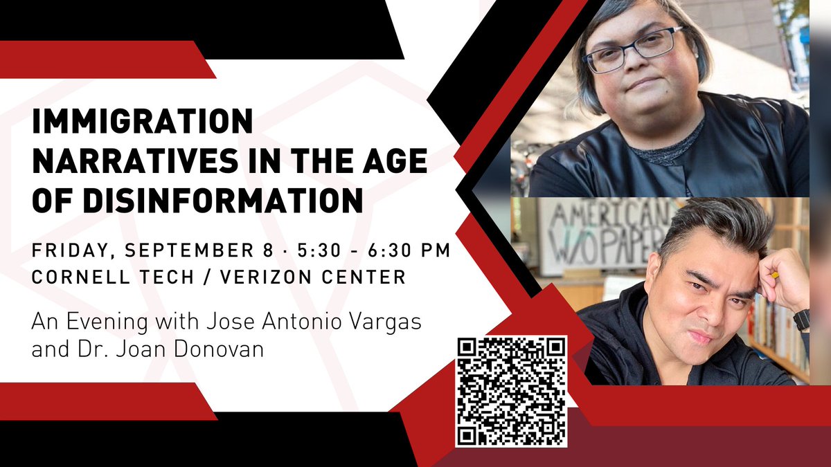 Join Jose Antonio Vargas and Dr. Joan Donovan on September 8 as they discuss combatting misinformation targeting immigrant communities online. bit.ly/3sLST5y #Minsinformation #Xenophobia #Immigration #Event #CornellTech @CornellLaw @DefineAmerican @BU_Tweets