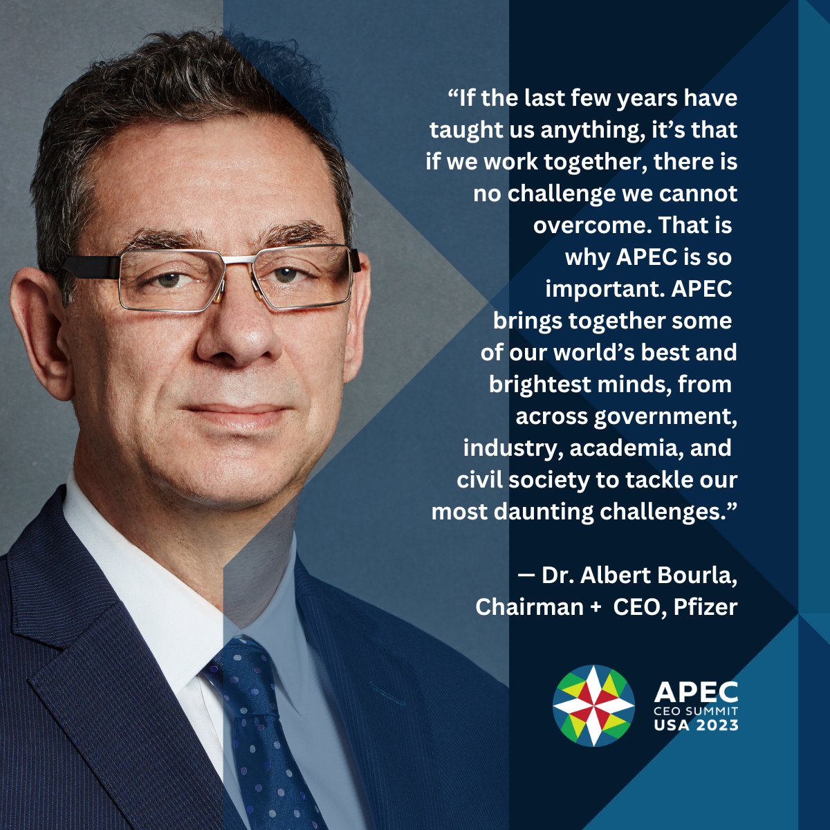 APECCEOSummitUS's tweet photo. .@Pfizer Chairman + CEO @AlbertBourla will take the stage at #APECCEOSummitUSA, providing critical insight to a community of leaders with the goal of supporting the health and well-being of every citizen in the APEC region. #USAPEC2023Request an invite: https://t.co/cXpoYVn5l2 https://t.co/x4AzVFcn1D
