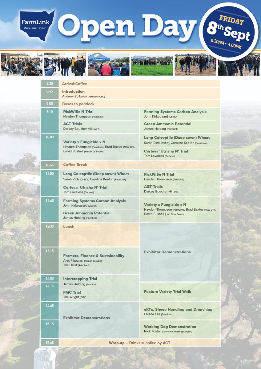FarmLink Open Day this Friday!

Catch up with a few familiar faces as well as the latest in agricultural research and development.        

 info bit.ly/47mOlCg   

Plenty to see at our Open Day this year, cropping trials to be showcased include:   John Kirkegaard