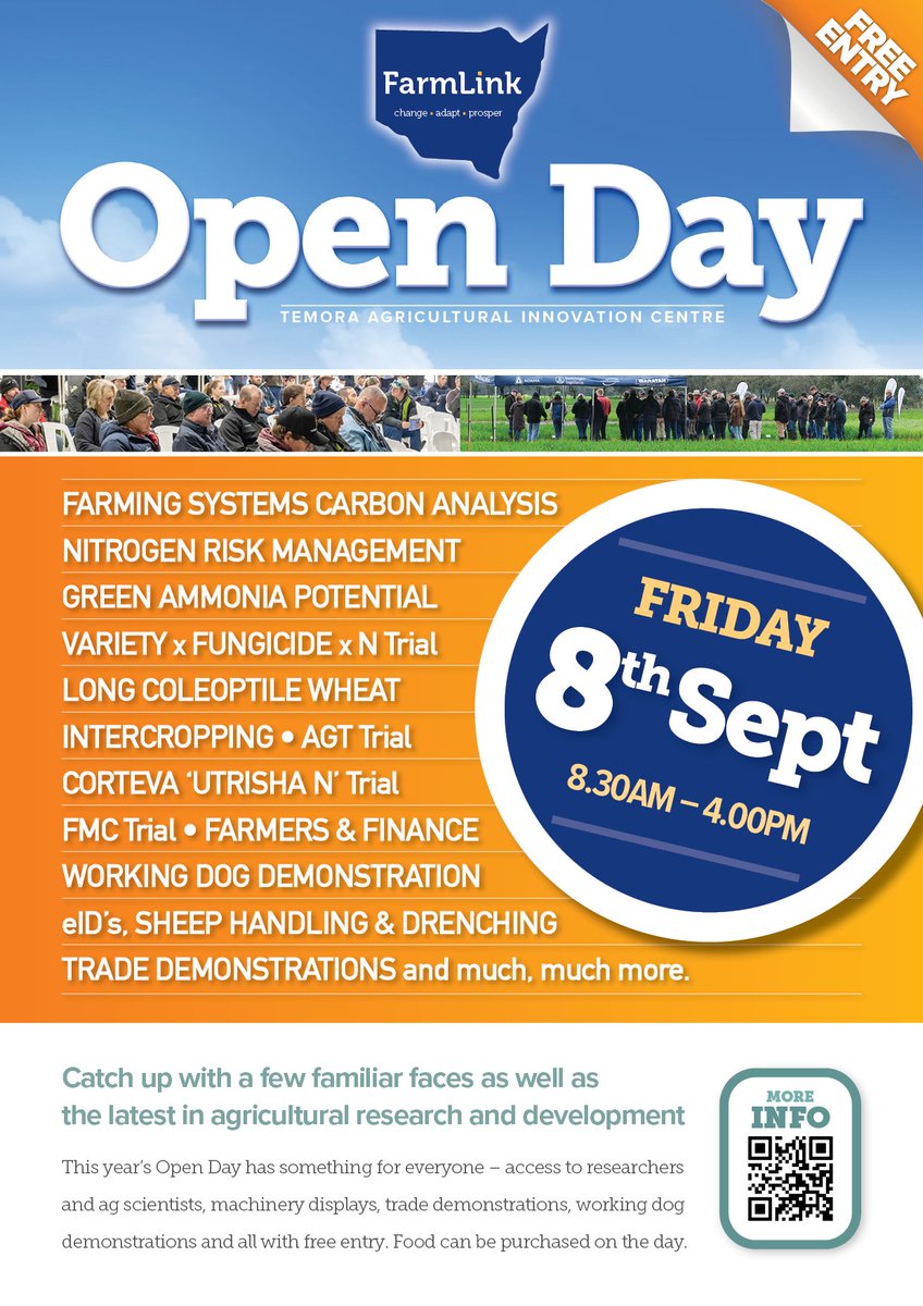Farm_Link's tweet photo. FarmLink Open Day this Friday!

Catch up with a few familiar faces as well as the latest in agricultural research and development.        

 info https://t.co/ZdBx7m5Uke   

Plenty to see at our Open Day this year, cropping trials to be showcased include:   John Kirkegaard @AgroJAK talks about @theGRDC Farming Systems project – carbon analysis; GRDC's #RiskWise – nitrogen risk management;    The potential of green ammonia;   Long coleoptile (deep sown) wheat with @_sarah_rich;   Intercropping;   Variety x fungicide x nitrogen trial with @BradBaxter1985;   and much, much more.   

For sheep producers and mixed farmers, there will be a
@SouthernNSWHub resilient pasture variety trial walk, presentations on eIDs, sheep handling and drenching, and a working dog demonstration.

Free entry, food can be purchased on the day.

Register here https://t.co/ZdBx7m5Uke

@CSIRO @nswdpi