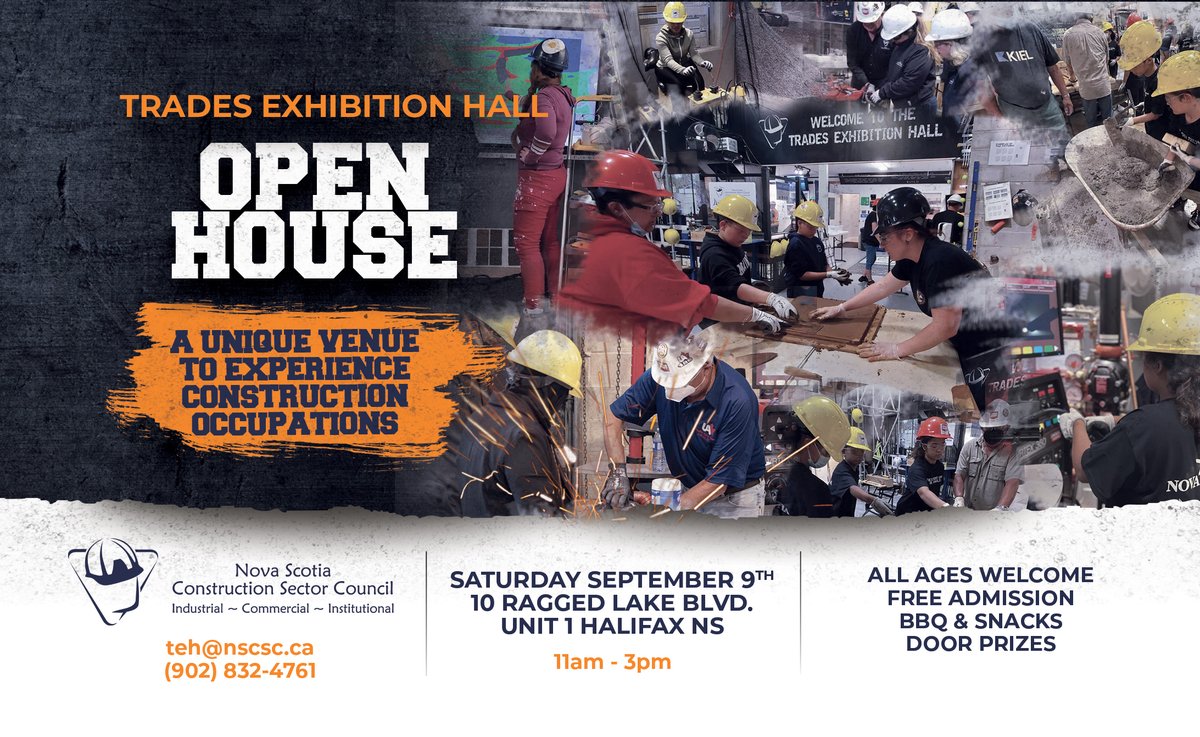 Great opportunity to work in the trades! There is an open house at the Trades Expedition Hall on Saturday September 9th from 11am-3pm. Drop by 10 Ragged Lake Blvd, Unit 1 to learn more about working trade jobs in Nova Scotia. All ages welcome. Free admission! #HalifaxJobs