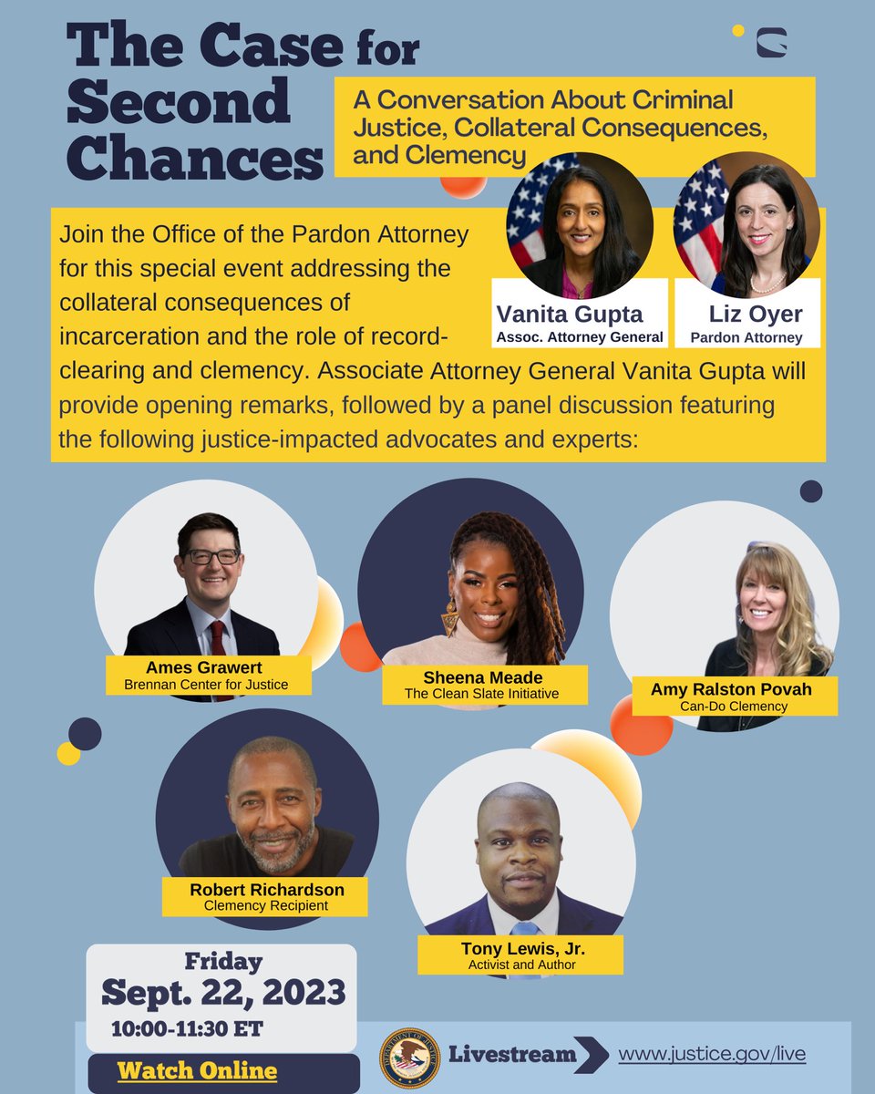 We are excited to participate in a special event hosted by the Office of the Pardon Attorney, addressing the collateral consequences of incarceration and the role of record clearing and clemency. You can learn more about the event and live stream at cleanslateinitiative.space/DOJ.