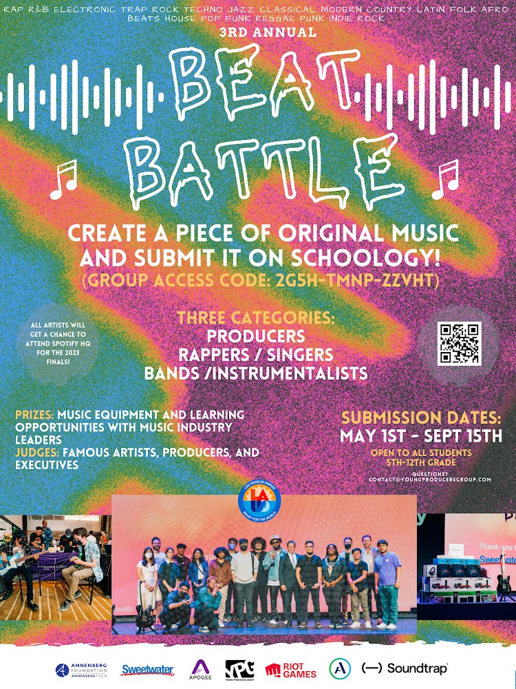 Don't miss out! The 2023 Beat Battle is open for submissions. Students in 5th through 12th grades can submit original music on Schoology for a chance to win musical equipment and learning opportunities with music industry leaders.