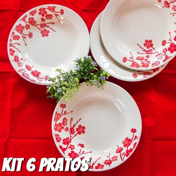 1 Conjunto com 6 Pratos Fundo Biona Donna Jardim Oriental Vermelho/Marfim 21 Cm