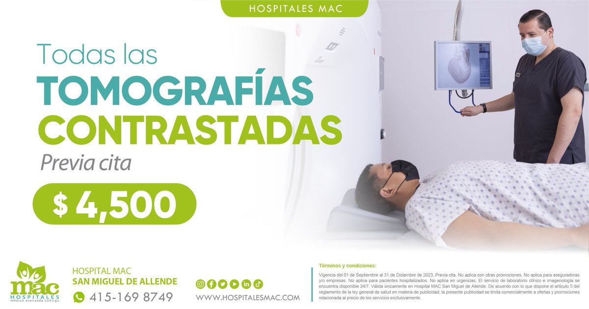 hospitalesmac's tweet photo. #SanMiguelDeAllende | Nuestro equipo de #tomografia esta disponible para estudios contrastados. Agenda tu cita #hoy en #HospitalMAC y aprovecha nuestro precio especial de $4,500
Agenda tu cita al 415 169 8749.
#HospitalesMAC #PreviaCita #Promocion https://t.co/GWdWvANRw1