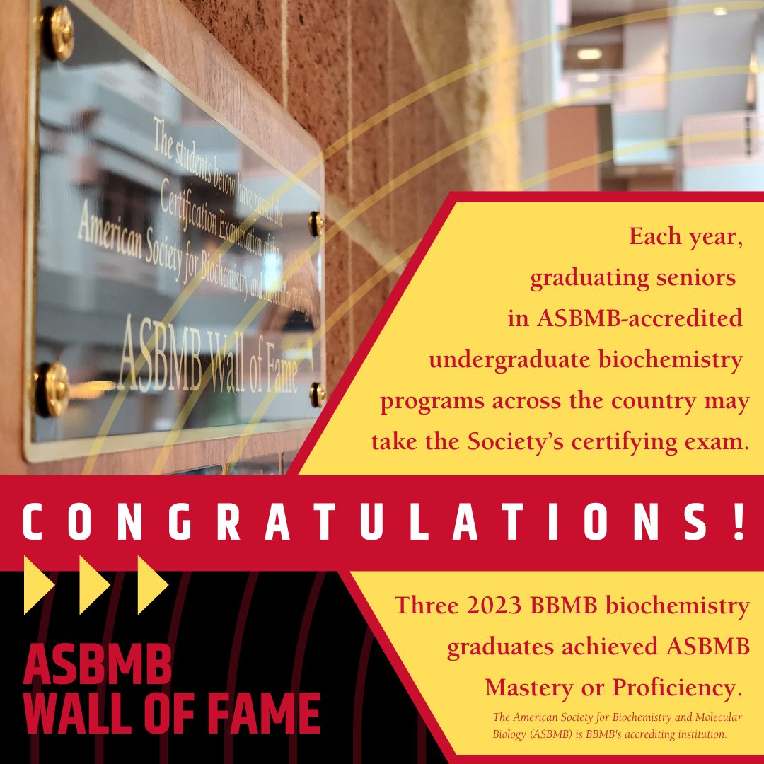 Congrats to our spring 2023 graduates achieving Mastery or Proficiency scores on the <a href="/ASBMB/">ASBMB</a>  certifying exam! This challenging exam assesses critical thinking and knowledge in biochemistry and molecular biology.

Daly, Isabel, &amp; Kevin will be celebrated at our Fall Awards Brunch.