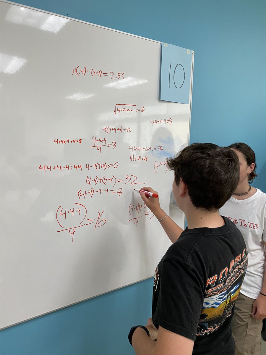 A solid first day in the Algebra 2 #thinkingclassroom! S’s worked on the Four Fours Challenge, creating expressions that resulted in the counting numbers 1-100 using the digit 4 exactly four times and any creative combo of operations. Great convos and mental math practice!