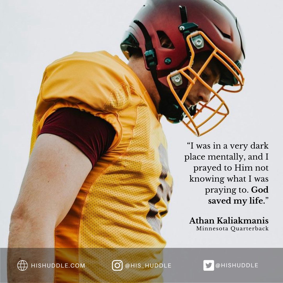 “I was in a very dark place mentally, and I prayed to Him not knowing what I was praying to. God saved my life.” Minnesota quarterback Athan Kaliakmanis was at rock bottom when he found faith for the first time. Now, Athan looks to give back to others. hishuddle.com/2023/09/05/ath…