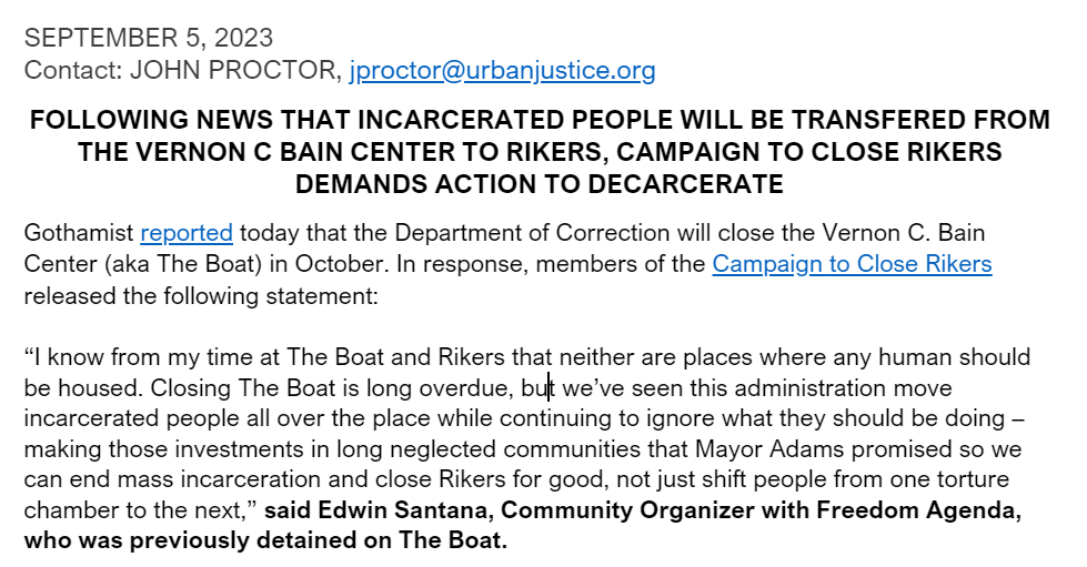 FreedomAgendaNY's tweet photo. STATEMENT from the Campaign to Close Rikers in response to the announced closure of floating barge the Vernon C. Bain Center, aka "The Boat": https://t.co/Fx4GyjtSAA https://t.co/YTUk5ZINMv