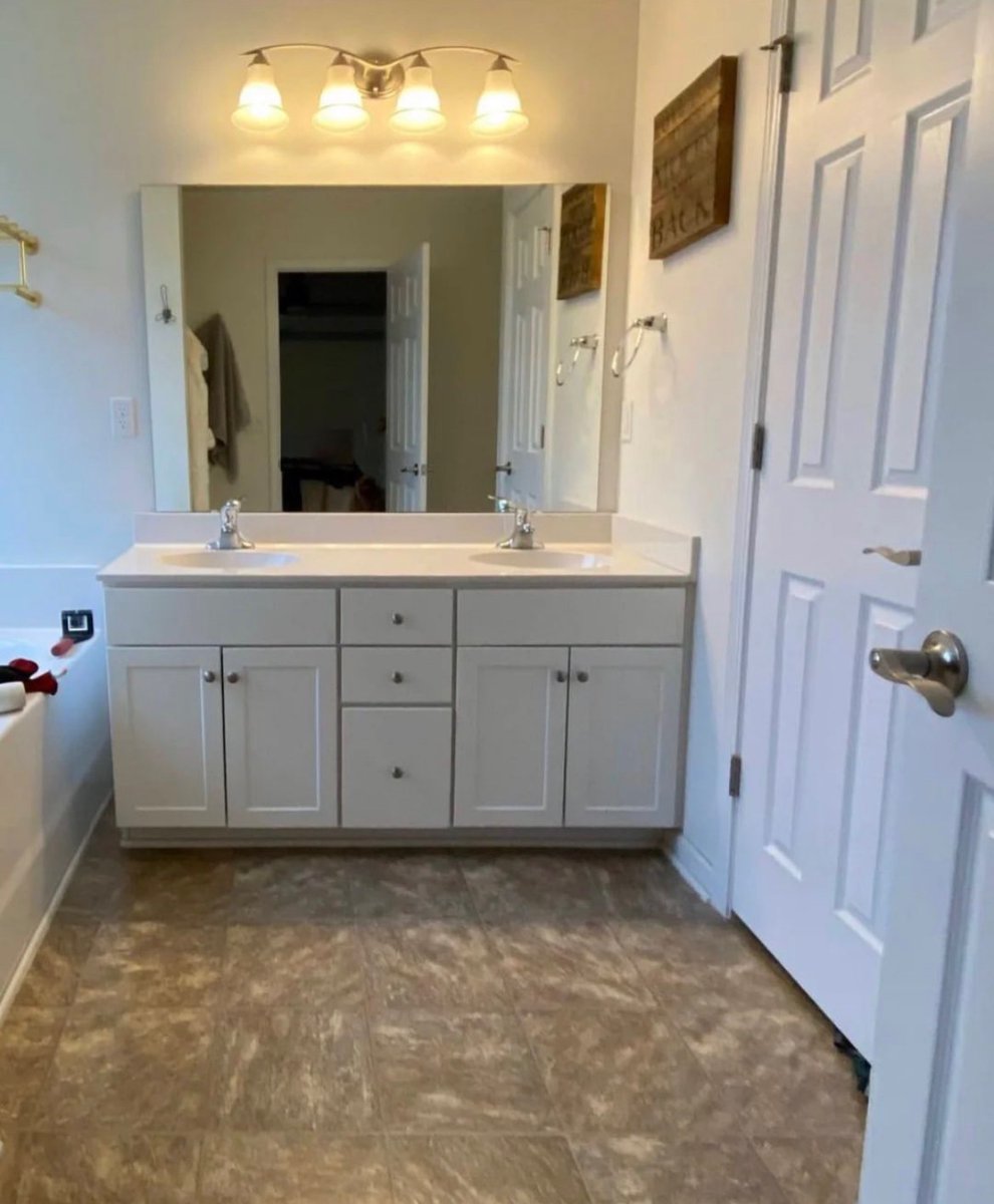 Asheville, NC after/before bathroom remodel with IKEA base kitchen cabinets and Semihandmade fronts - yep, kitchen boxes work in the bathroom as long as you can accommodate the 25” depth. Table Co Interiors design/📷.