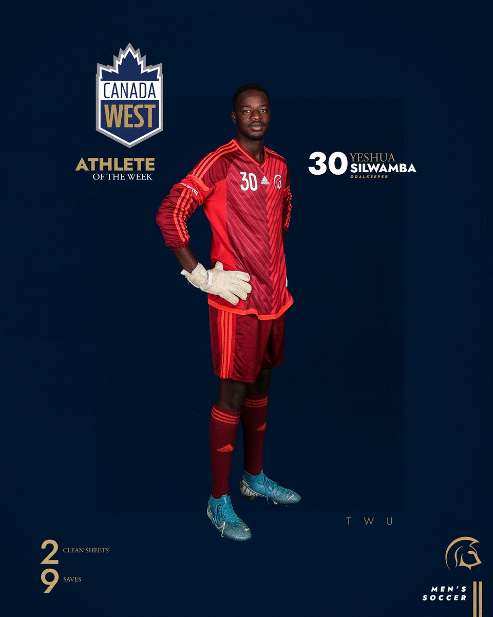 Yeshua Silwamba is the <a href="/CanadaWest/">Canada West</a> Men's Soccer Athlete of the Week!

Yeshua earned 2⃣clean sheets and made 9⃣ saves over the weekend! 

#TWUSoccer