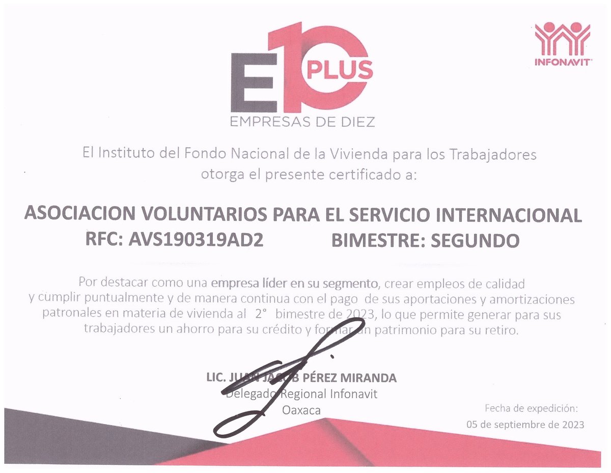 El día de hoy AVSI México AC ha sido reconocida por Infonavit, por ser una empresa de Diez Plus. Este nuevo proyecto reconoce a las empresas líderes en su segmento.
AVSI México AC se encuentra entre las 265 empresas de las 5000 empresas que solo tienen el distintivo E10.