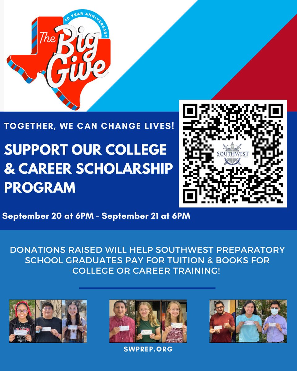 southwest_prep's tweet image. The Big Give Countdown - 15 Days! A little can go a long way when we get together and give together on September 20-21 to support our SWPREP's College and Career Scholarship program. #collegeandcareerready #scholarships #SWPREP
