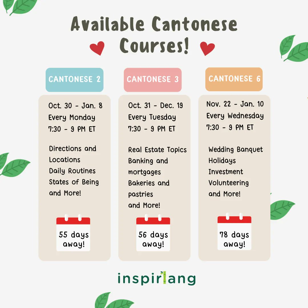 InspirLang's tweet image. 🔔 Our latest Cantonese classes are open for registration! Learn a new language with a small group led by an experienced instructor. Digital and physical textbooks will be provided.
Register at buff.ly/3eKIixz, or the link in our bio!
#Fall #FallClass #Chinese