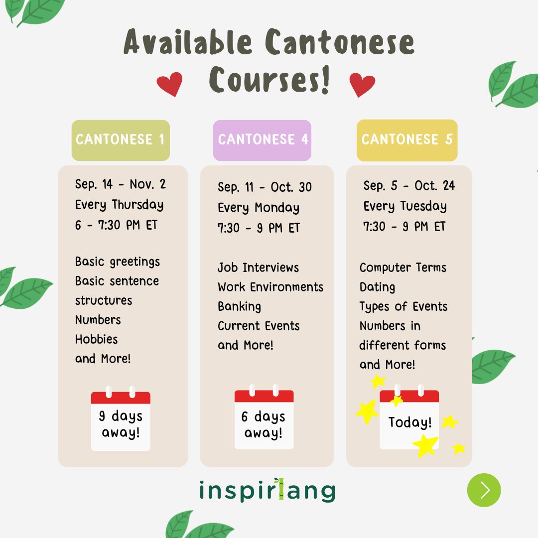 InspirLang's tweet image. 🔔 Our latest Cantonese classes are open for registration! Learn a new language with a small group led by an experienced instructor. Digital and physical textbooks will be provided.
Register at buff.ly/3eKIixz, or the link in our bio!
#Fall #FallClass #Chinese