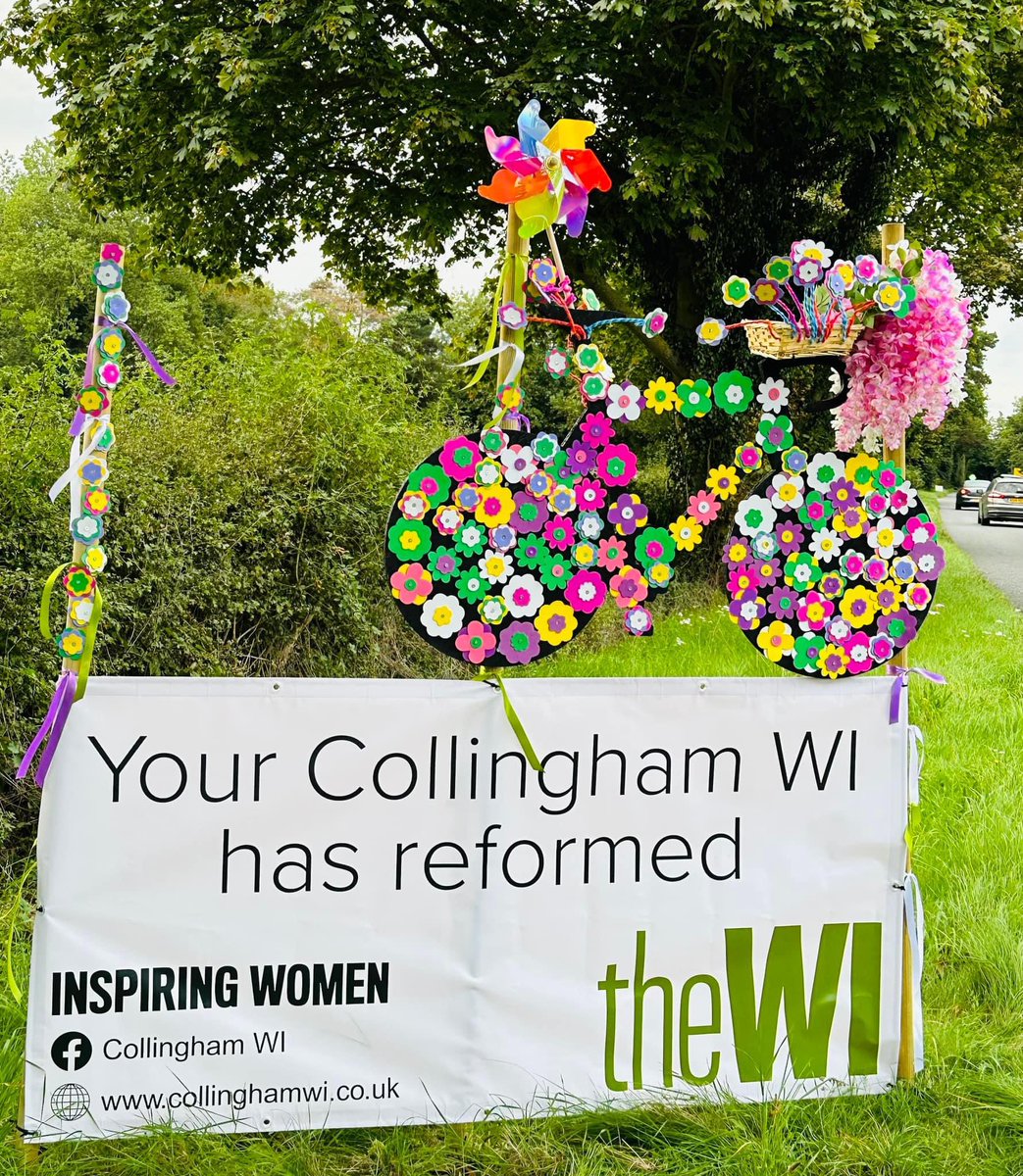 Now the tour of Britain reaches Nottinghamshire, some WI’s on the route of decorated, bicycles to welcome the cyclists to the region  🌼🌸🚴‍♀️🚴‍♀️thanks to Collingham WI for bright and colourful display. 🌸🌼
#tourofbritain @WILifemagazine @womensinstitute @bbcnottingham