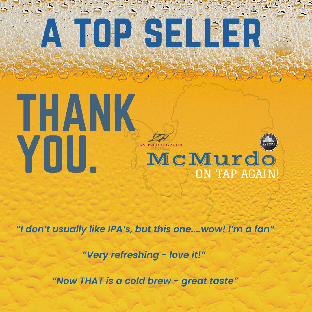 Wowwww!!! Thank you to soooooo many that came in and tried our first brew collaboration with Clouds Brewing and had a McMurdo beer! Cheers! 🍻

#McMurdoBeer #ZinchouseBrewery #CloudsBrewing #DurhamNC #RaleighNC #RTP #CraftBeer #LocalBrew #CollaborationBrew #NCBeer #BeerLovers