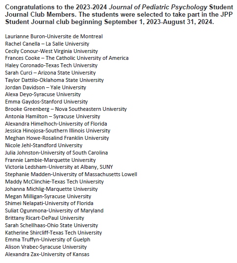 JPedPsych's tweet photo. Congratulations to the 2023-2024 Journal of Pediatric Psychology Student Journal Club Members!! These students were selected to take part in the JPP Student Journal club beginning September 1, 2023-August 31, 2024. https://t.co/SsHrgrCp4s