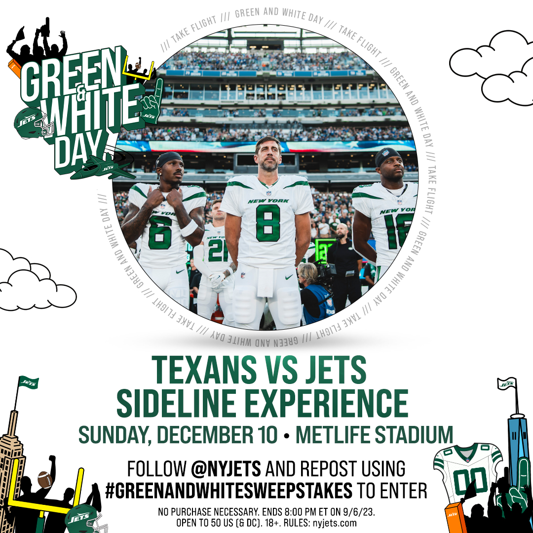 You. Us. Sideline passes for Dec. 10 against the Texans. Follow and retweet for a chance to win! Rules: nyj.social/3ZdSRPR #GreenandWhiteSweepstakes