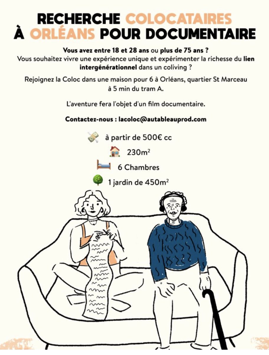 Fondation DomusVi (@fondat_domusvi) on Twitter photo Pour leur prochain documentaire #LaColoc, <a href="/AuTableauProd/">AuTableauProductions</a> recherche 3 #séniors et 3 #jeunes souhaitant rejoindre une #colocation #intergénérationnelle à #Orléans ! 🏠
N’hésitez pas à #partager et à en parler ! Vous pouvez contacter la production : lacoloc@autableauprod.com 📧 Pour leur prochain documentaire #LaColoc, <a href="/AuTableauProd/">AuTableauProductions</a> recherche 3 #séniors et 3 #jeunes souhaitant rejoindre une #colocation #intergénérationnelle à #Orléans ! 🏠
N’hésitez pas à #partager et à en parler ! Vous pouvez contacter la production : lacoloc@autableauprod.com 📧