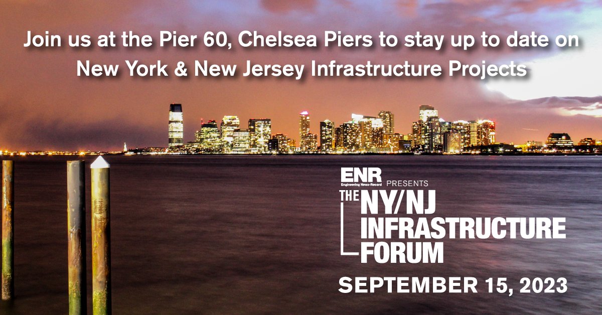 The ENR #NYNJInfrastructureForum is coming up! 
Attend to hear key agency overviews of infrastructure projects with capital spending estimated at more than $200 billion in the next five years. brnw.ch/21wCiUM 
#infrastructure #NYInfrastructure #NJInfrastructure