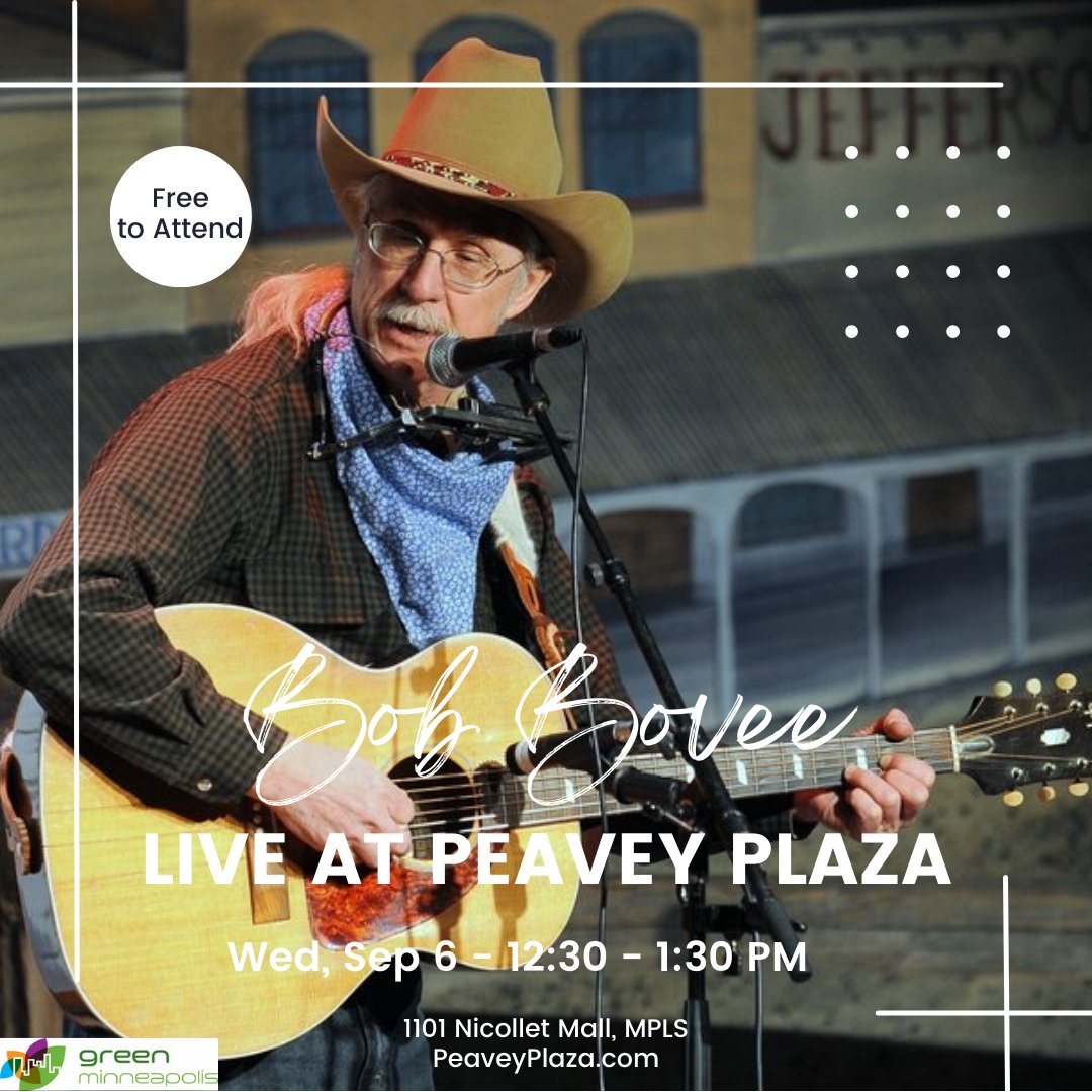 Tomorrow at Peavey Plaza from 12:30-1:30 PM, Green Minneapolis will be featuring Bob Bovee as part of our weekly MnSpin performance series! #greenminneapolis #peaveyplaza #mnspin