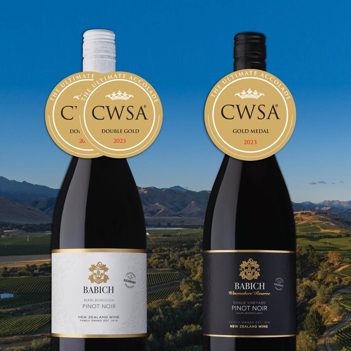 Double Trouble! 🎖️🎖️ Over the moon to receive a Double Gold medal for our 2022 Marlborough Pinot Noir AND a Gold Medal for our 2019 Winemakers' Reserve Pinot Noir, at the China Wine &amp; Spirits Awards 2023!

#babichwines #caringcomesnaturally