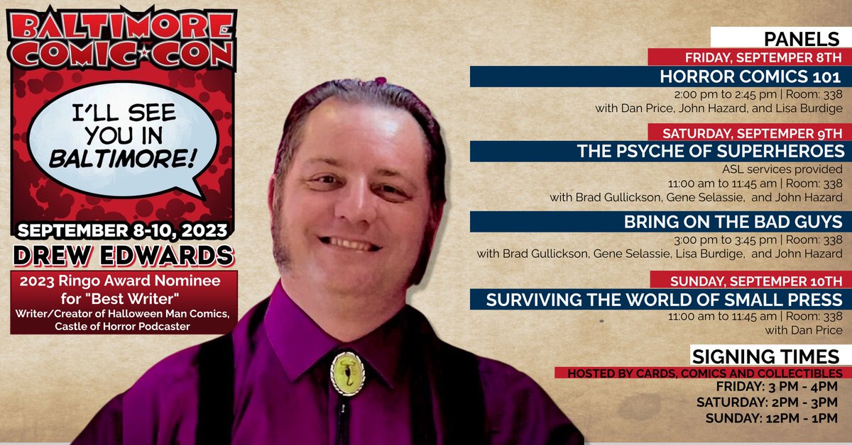 My full <a href="/baltimorecomics/">Baltimore Comic-Con</a> schedule, including some panels I am teaming up with <a href="/CBCCPodcast/">Comic Book Couples Counseling</a> with. Hope to see you there!