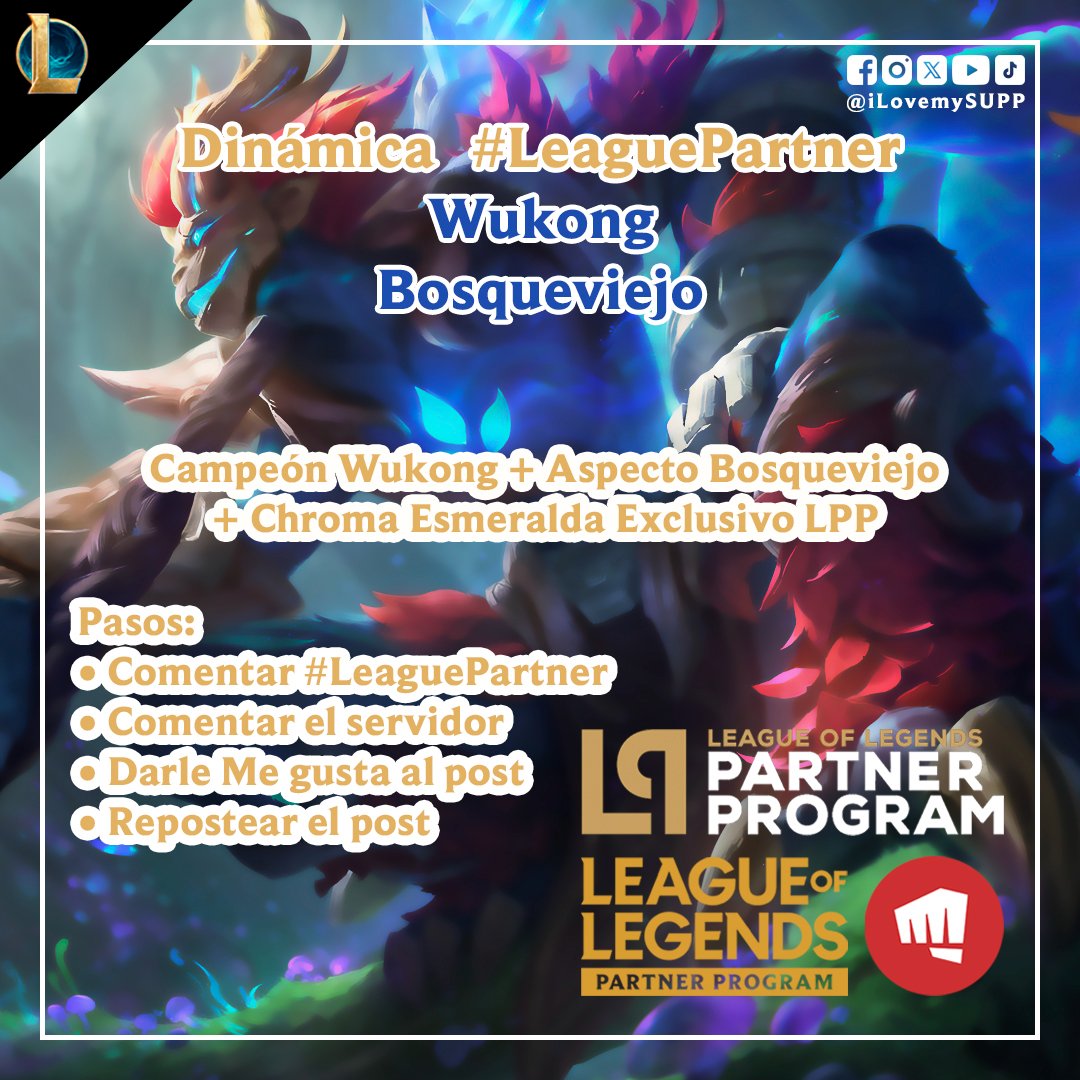 Soy parte del Programa de Socios de LoL de Riot Games y ellos me dieron algunos códigos para ustedes.

Wukong Bosqueviejo:
• Serán 20 códigos

Los resultados los daré a conocer el sábado 9 de septiembre de 2023.

¡Mucha suerte a todos!

#LeagueOfLegends #LeaguePartner