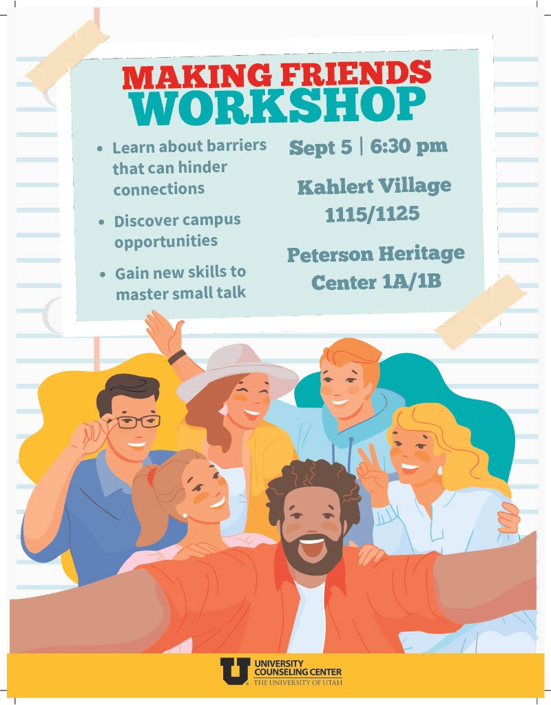 TONIGHT!  Are you starting college feeling a little lonely and isolated?Making friends in college can be intimidating, but it doesn't have to be! Join us for this workshop on gaining skills for connecting with others.
#makingfriends #socialskills