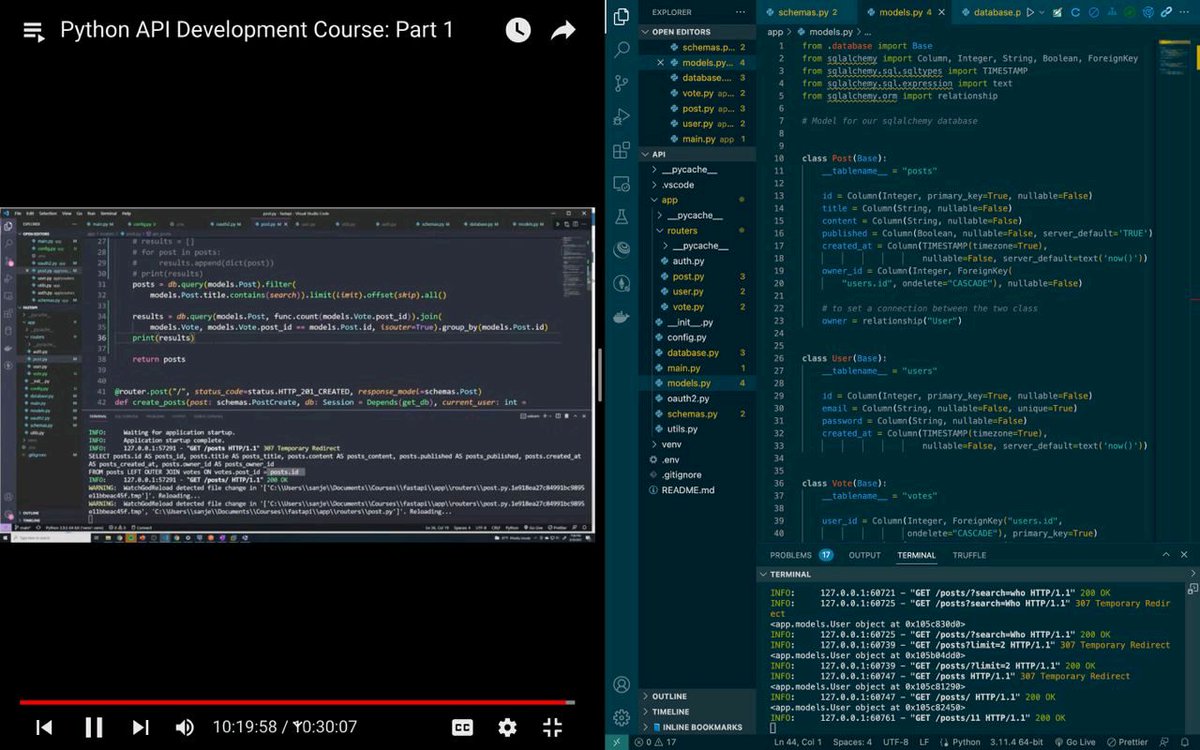 awoyemivictora's tweet image. So I was able to complete this 11hrs Python API Development (Part 1) course program after so many days. 

#awoyemivictor #softwareengineer #pythonapi #psycogorp #fastapi #pydantic #jwt #sqlalchemy