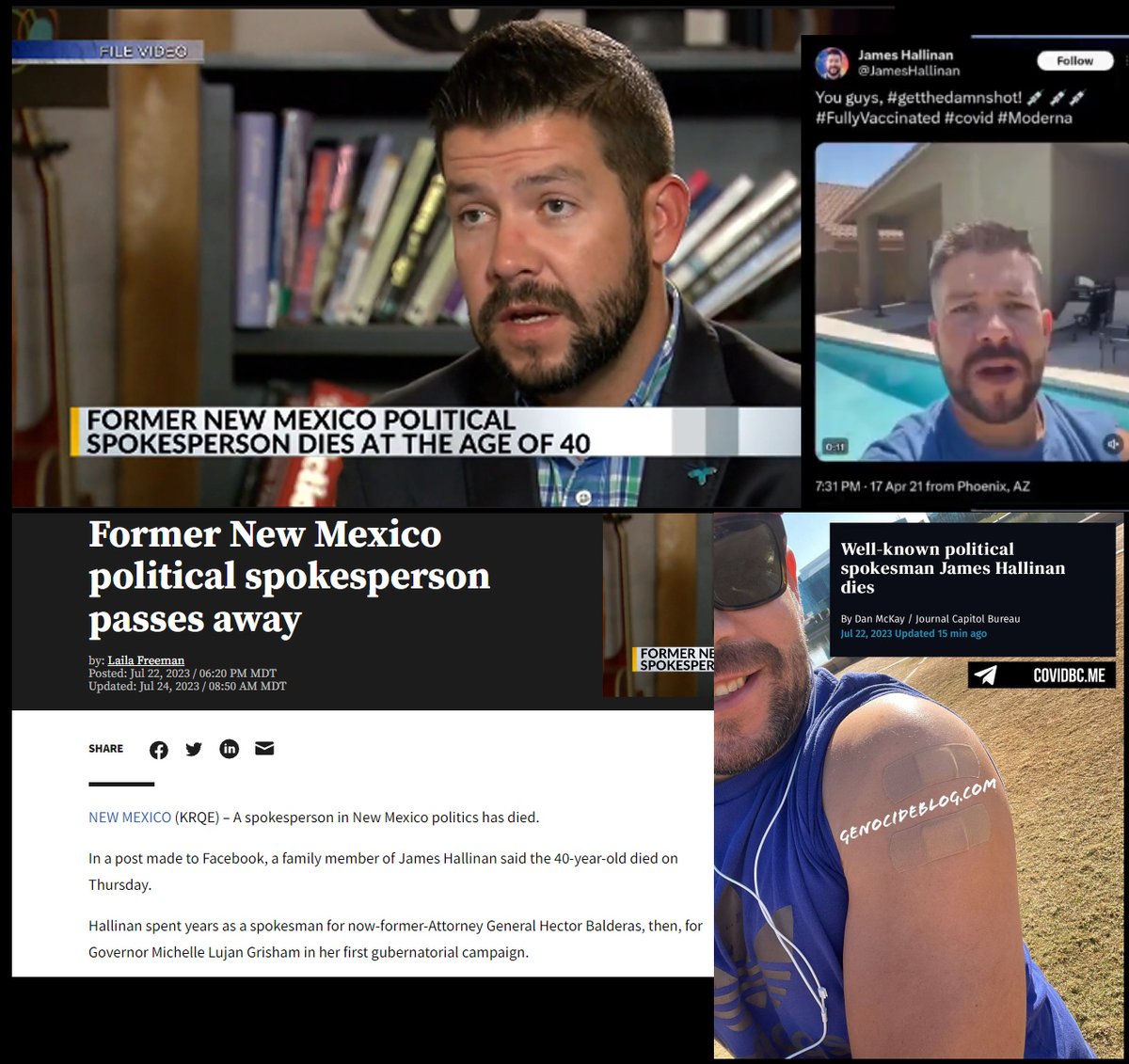 Phoenix, AZ - 40 year old James Hallinan, political consultant who worked for New Mexico's Democrats

died suddenly July 20, 2023.

Got COVID-19 Moderna & flu vaccines on the same day and said #getthedamnshot! 

He didn't qualify for the saline shot

#DiedSuddenly #cdpoli #ableg