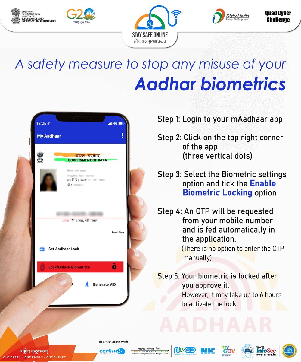 saiKumarBhupat8's tweet image. Ensure your Aadhaar Biometrics are secured!🐾
 #AadhaarSecurity #Biometrics #IdentityProtection
#staysafeonline #cybersecurity