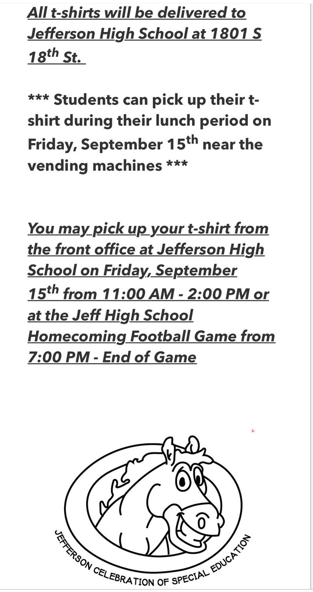 Jeff High School will be having the first annual Celebration of Special Education during the homecoming football game on 09/15! You can show your support by purchasing a $10 t-shirt by going to this site: …ebrationofeducation2023.itemorder.com/shop/sale/
Orders must be made by 9/9! <a href="/LSClafayette/">Lafayette Schools</a>