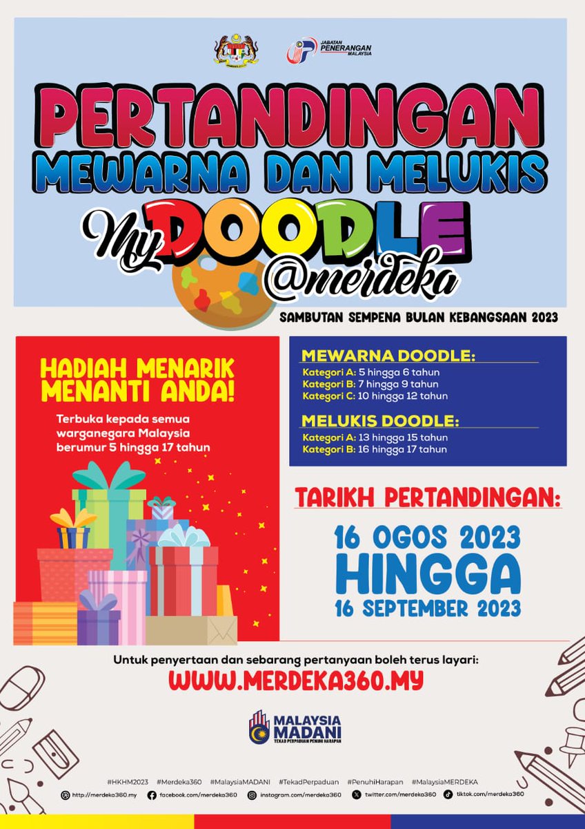 Pertandingan Mewarna dan Melukis MyDoodle@MERDEKA 2023 🎨🧑‍🎨

Adik-adik minat mewarna & melukis? Jom serlahkan kreativiti dan bakat adik-adik dengan menyertai Pertandingan Mewarna dan Melukis MyDoodle@MERDEKA anjuran Jabatan Penerangan Malaysia sempena Bulan Kebangsaan 2023.