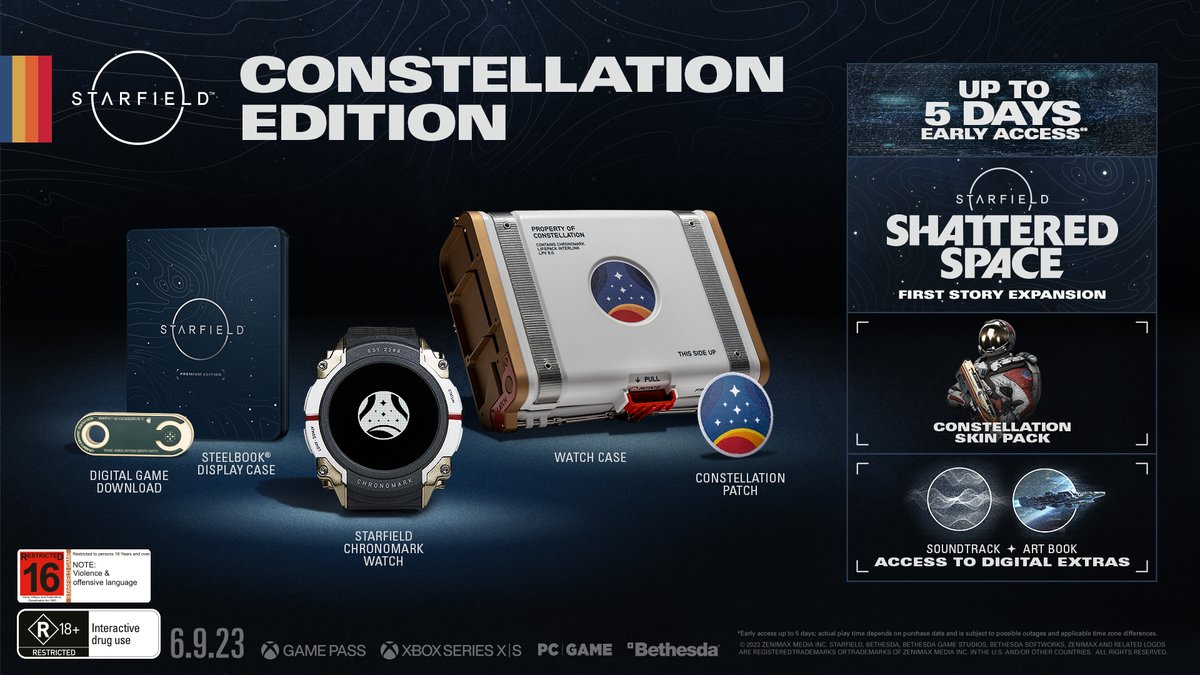 #Starfield is finally here! 🚀 We’re celebrating the launch by giving away this Starfield Constellation Edition on Xbox Series X|S (plus some other goodies) to keep you going as you journey into the stars! (ANZ ONLY)

Full T&amp;Cs: beth.games/3P2FtJP
