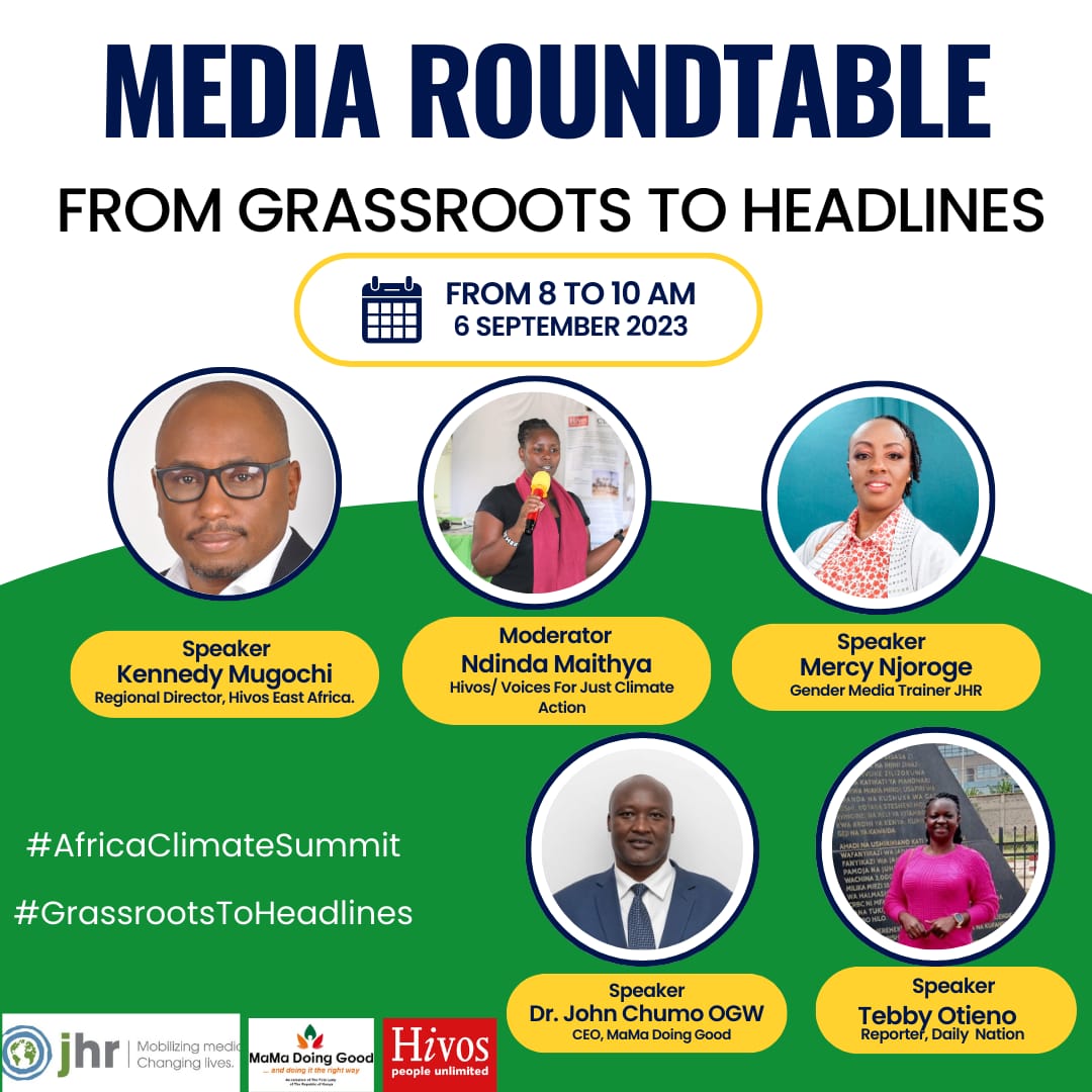 Today, we join our partners @jhrnews, @MamaDoingGood, local & international media and local communities for a breakfast round table discussing how to communicate climate solutions in an engaging, accurate, balanced and accessible manner. #AfricaClimateWeek #GrassrootsToHeadlines