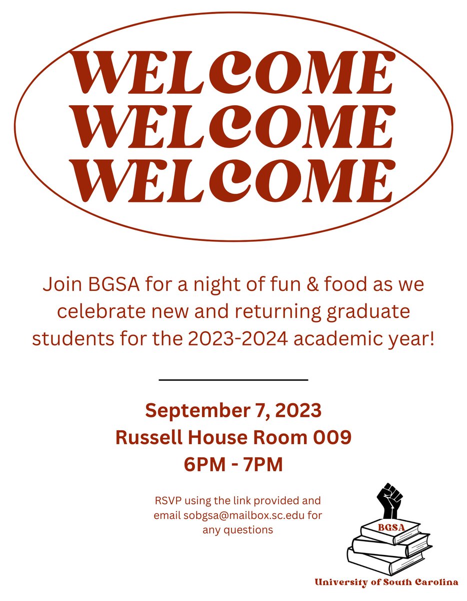 UofSC_BGSA's tweet photo. Welcome back, Gamecocks! Join us for our first meeting of the semester this Thursday, 9/7 at 6pm in Russell House 009! rsvp using the link below. See you there 🎉 https://t.co/r564axpglo https://t.co/94Rr50AlSQ