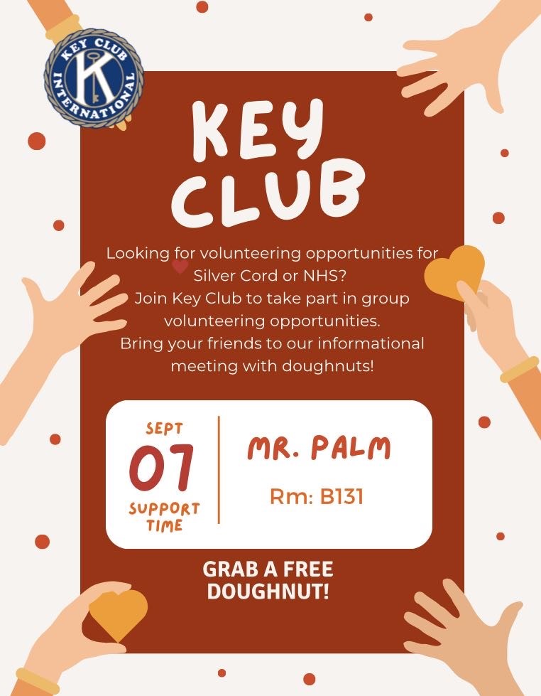 SeniorKeyClub's tweet photo. Stop on by for an informational meeting on Key Club! Build character with Key Club through service and leadership!
Looking for extra service hours. Sign up for Key Club in Mr. Palm's Support time for Thursday 9/7. We'd love to have you!!
https://t.co/80CH0hJ7qb https://t.co/hAqgbHImO5