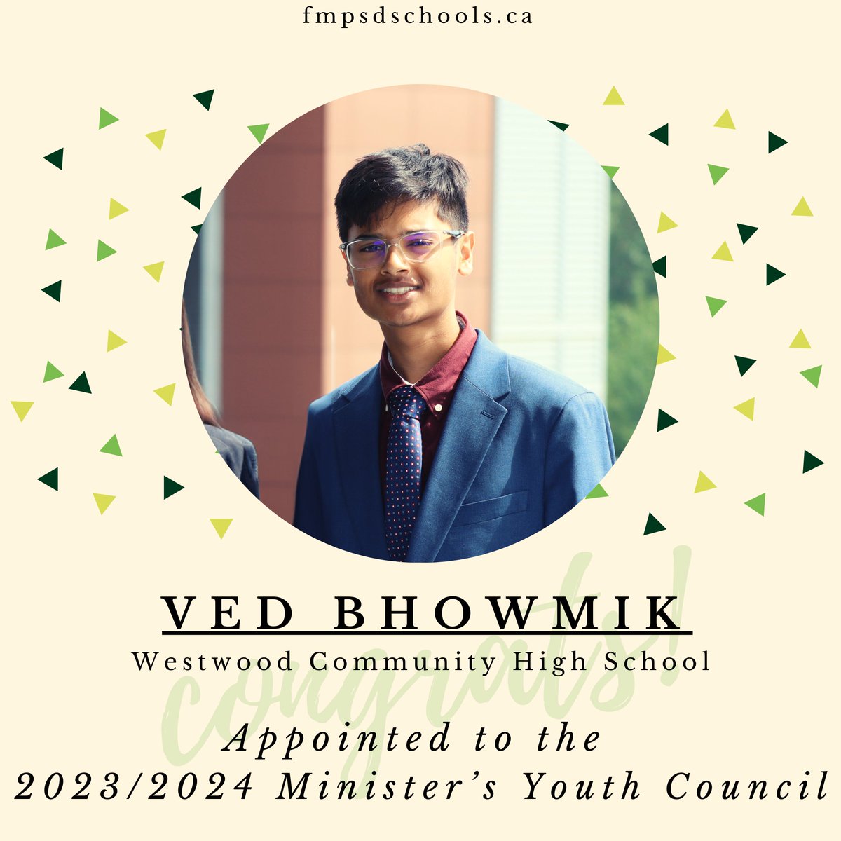 Fort McMurray Public School Division (@fmpsd) on Twitter photo FMPSD is excited to announce that Ved Bhowmik, a Grade 11 student from <a href="/WWhighschool/">Westwood High School</a>, has been selected to join the esteemed 2023/24 Minister's Youth Council.
To read more: bit.ly/460Vvum
<a href="/annaleeskinner/">Annalee Nutter</a> <a href="/LindaMywaart/">Linda Mywaart</a>
#FMPSD #YMM #RMWB FMPSD is excited to announce that Ved Bhowmik, a Grade 11 student from <a href="/WWhighschool/">Westwood High School</a>, has been selected to join the esteemed 2023/24 Minister's Youth Council.
To read more: bit.ly/460Vvum
<a href="/annaleeskinner/">Annalee Nutter</a> <a href="/LindaMywaart/">Linda Mywaart</a>
#FMPSD #YMM #RMWB