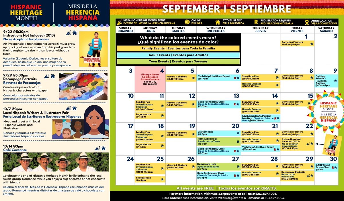 CORLibrary's tweet image. September 2023 Events
Blue: Adult Events
Green: Teen Events
Yellow: Family Friendly Events
All events are FREE.
---------------
Septiembre 2023 Eventos
Azul: Eventos para Adultos
Verde: Eventos para Adolescentes
Amarillo: Eventos para Toda la Familia
Todos los eventos son GRATIS.