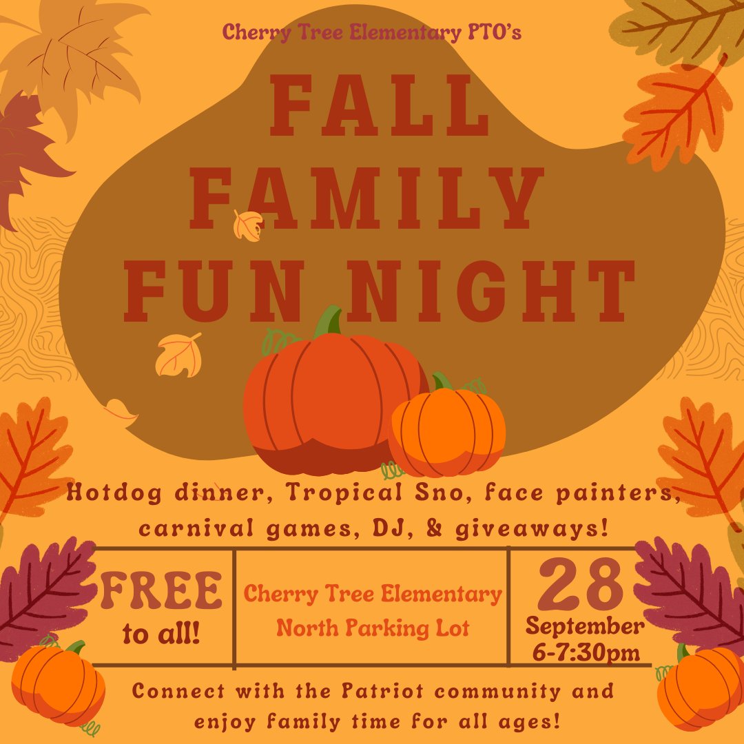 PTO's Fall Family Fun Night! 🍁 💙 ❤️ 🍁 

Thursday, September 28, 6-7:30pm

Below is a SignUp Genius for volunteers and donations. Event volunteers must have a current criminal background check on file. 

Thank you in advance for your help!

buff.ly/3R9VRuI