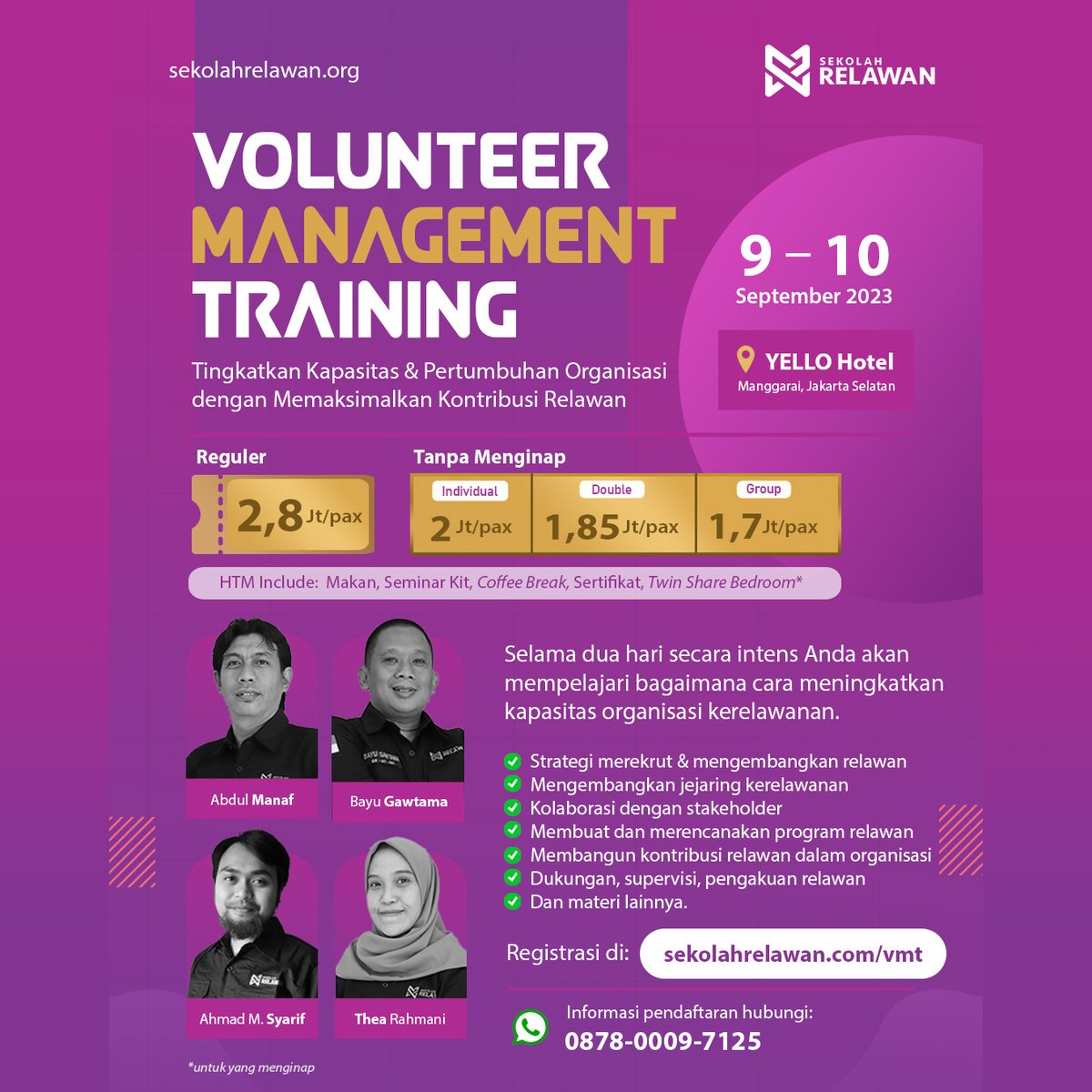 Tingkatkan kemampuanmu dalam dunia kerelawanan bersama kami di Volunteer Management Training! @sekolahrelawan

Ikuti Volunteer Management Training, 9-10 September 2023 di YELLO Hotel, Jakarta Selatan. Hubungi: 0878-0009-7125

#VolunteerTraining #KerelawananIndonesia